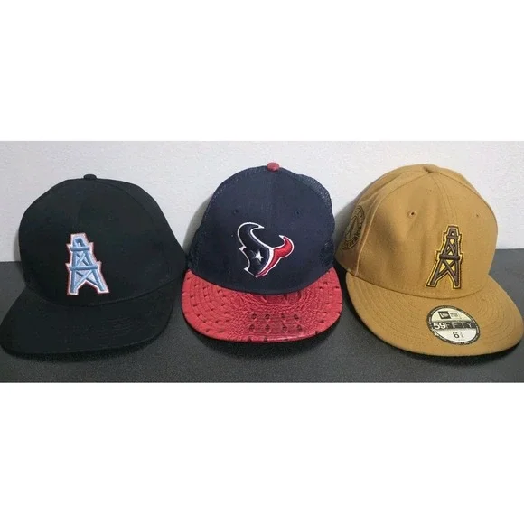 3pc New Era Hat Cap Houston Oilers Texans Sz 6 7/8 Fitted NFL Football Texas EUC - Picture 1 of 9
